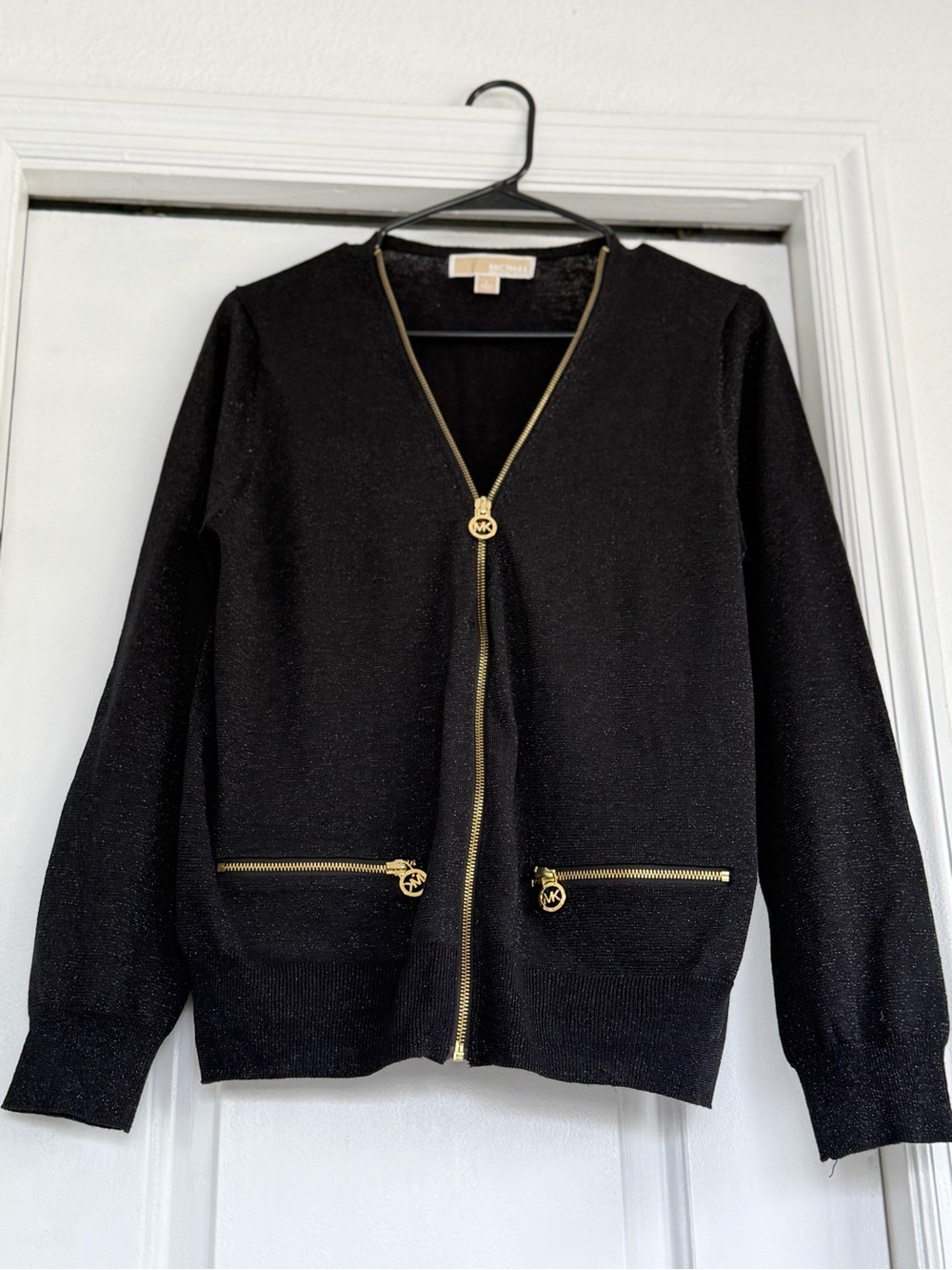 Michael Kors Black Metallic Knit Zip-Front Jacket with Gold Hardware
